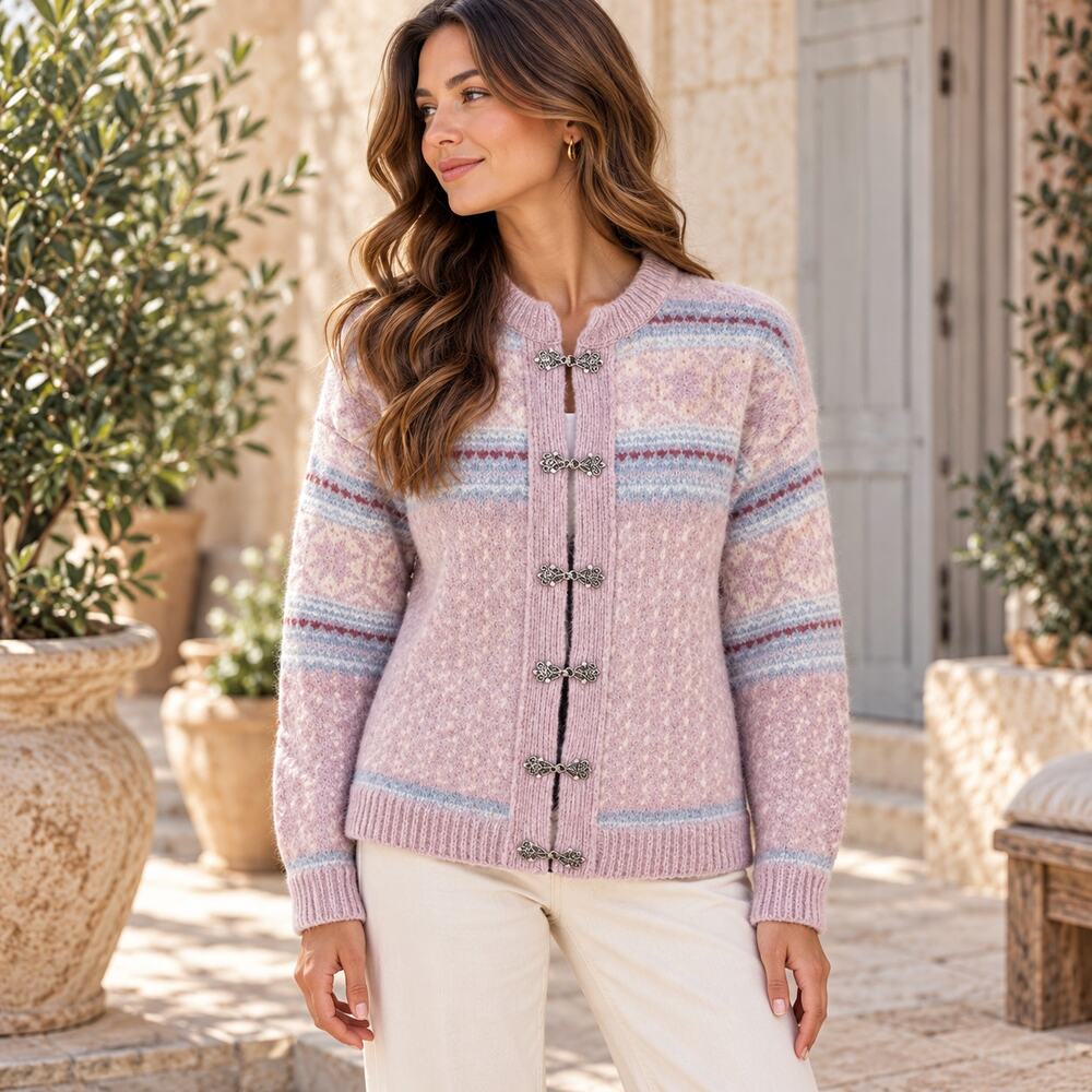 Kerstin Adolphson Stockholm Wool Cardigan Womens M Pink Fair Isle Nordic Clasp